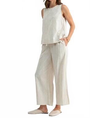 NEW FUN 2 FUN stripe floral print ankle pants with drawstring waist in beige